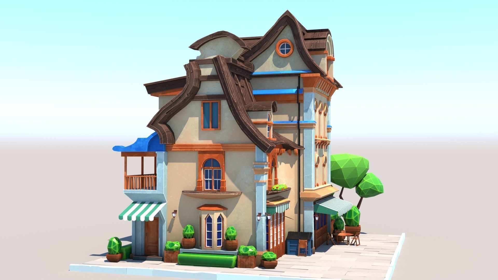Stylized Beautiful Street Town House-02  wiht PBR Textures Low-poly 3D model_18