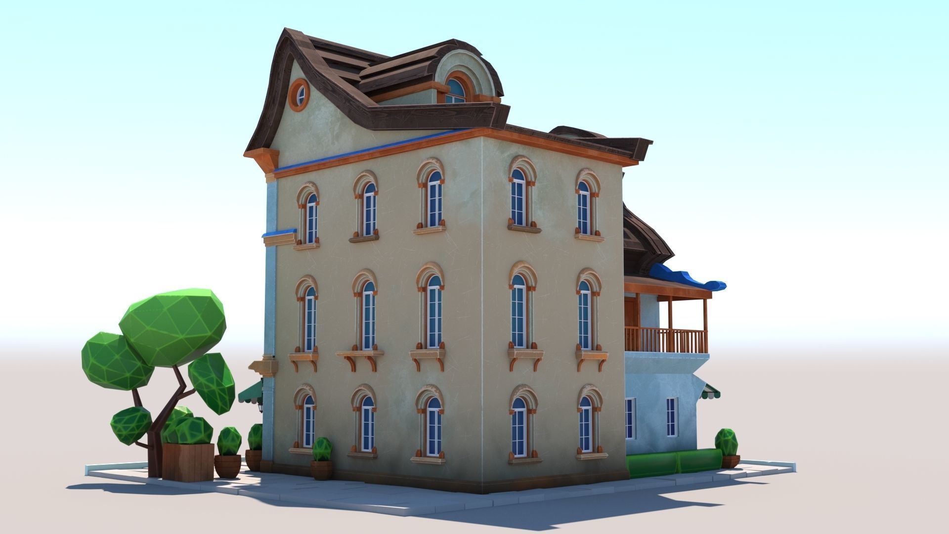 Stylized Beautiful Street Town House-02  wiht PBR Textures Low-poly 3D model_4