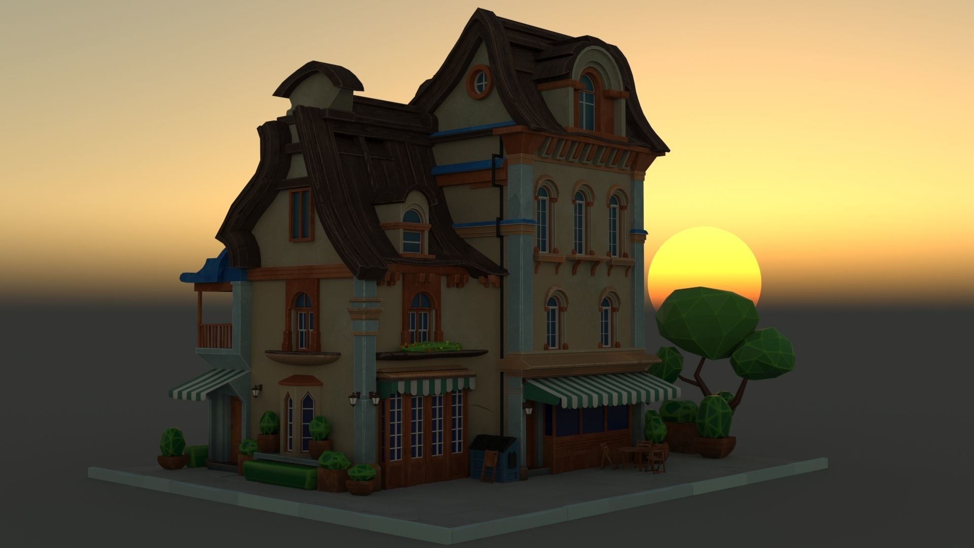 Stylized Beautiful Street Town House-02  wiht PBR Textures Low-poly 3D model_20