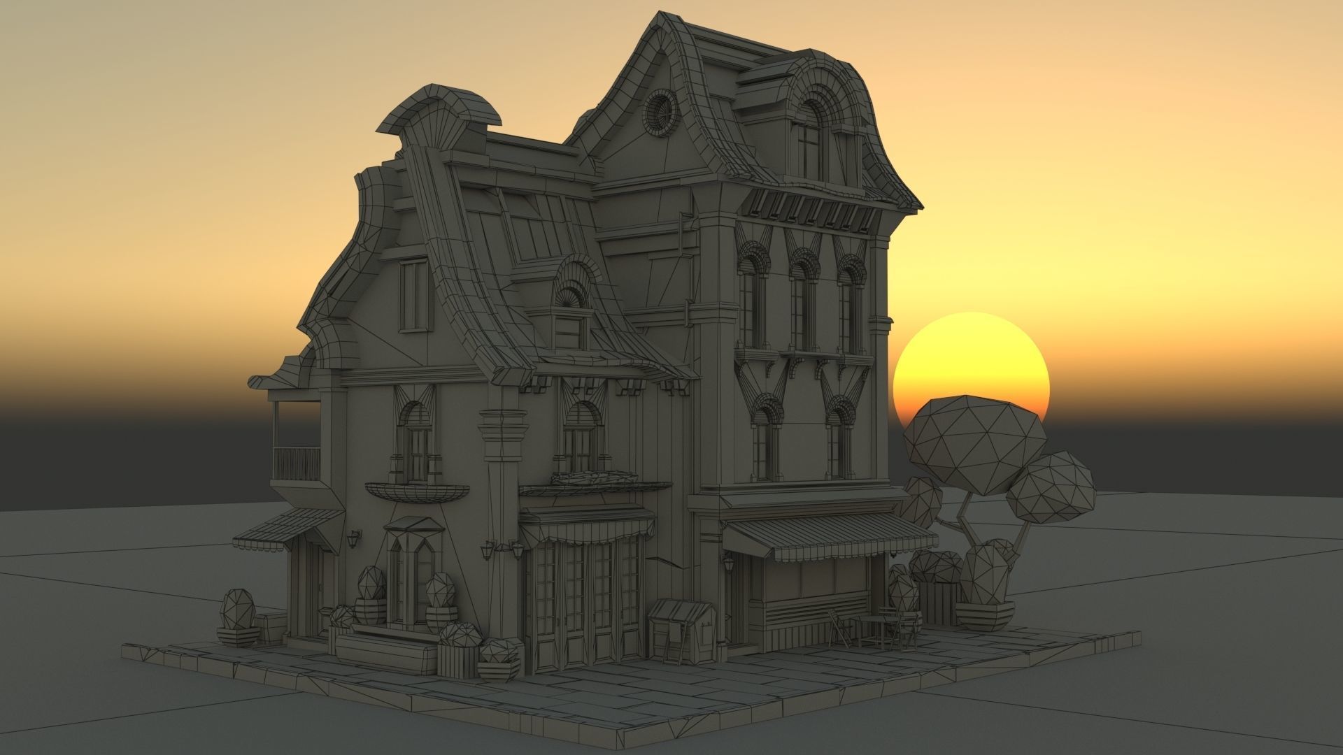 Stylized Beautiful Street Town House-02  wiht PBR Textures Low-poly 3D model_42