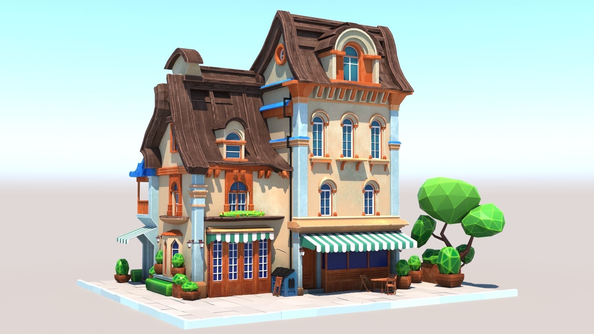 Stylized Beautiful Street Town House-02  wiht PBR Textures Low-poly 3D model_2