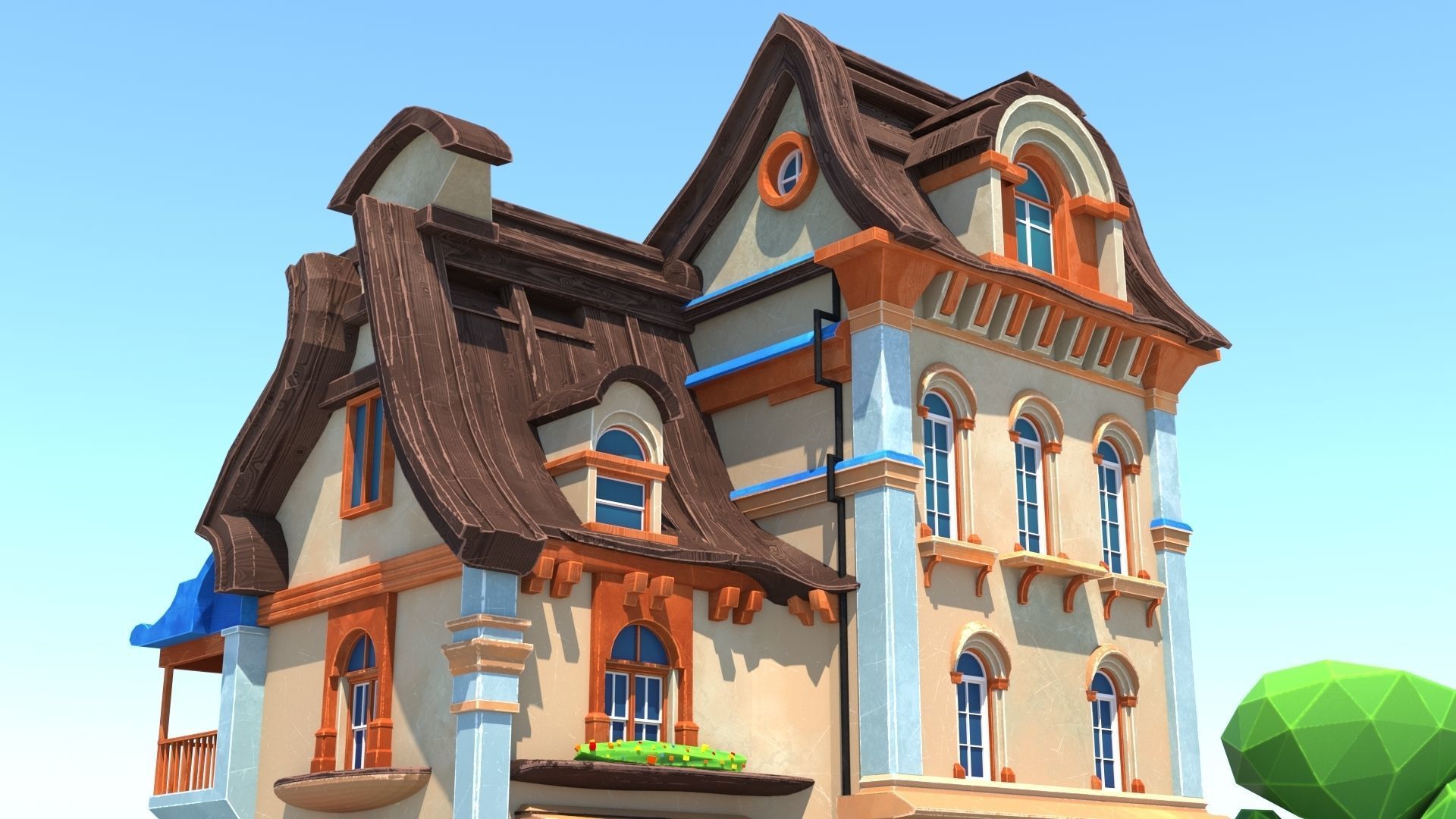 Stylized Beautiful Street Town House-02  wiht PBR Textures Low-poly 3D model_11