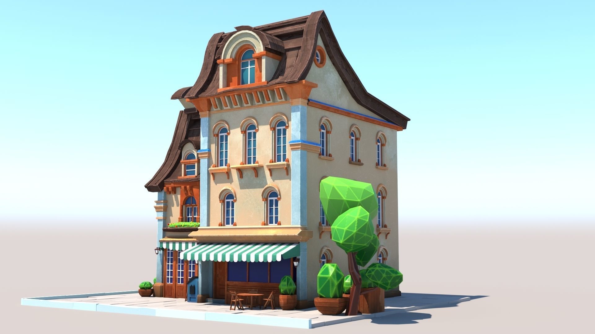 Stylized Beautiful Street Town House-02  wiht PBR Textures Low-poly 3D model_3