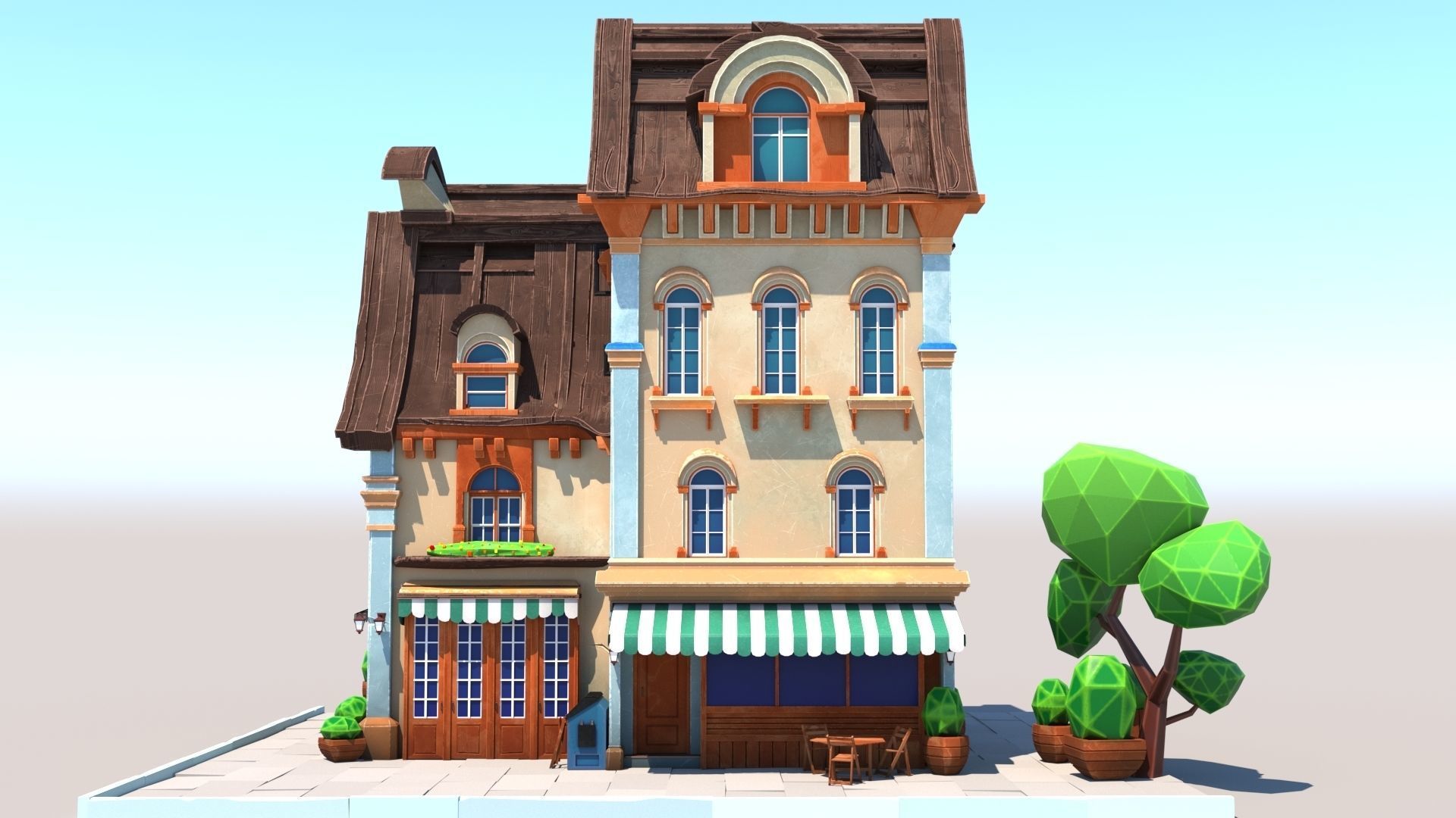 Stylized Beautiful Street Town House-02  wiht PBR Textures Low-poly 3D model_17