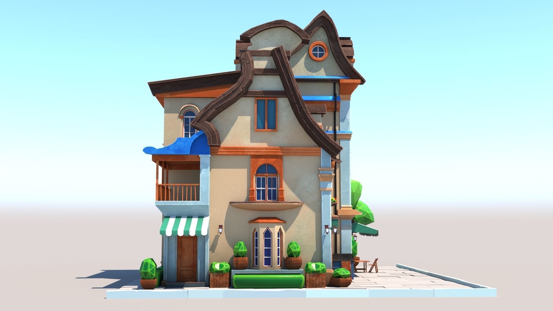 Stylized Beautiful Street Town House-02  wiht PBR Textures Low-poly 3D model_6