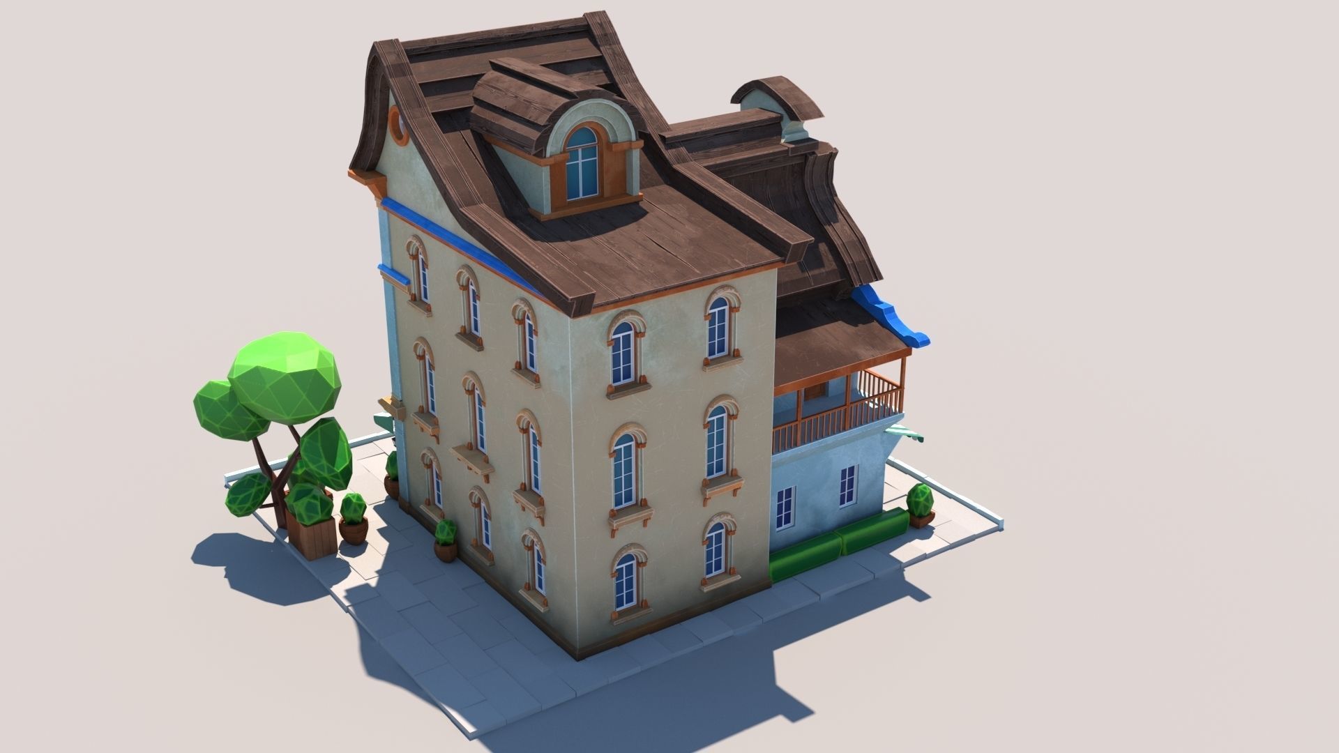 Stylized Beautiful Street Town House-02  wiht PBR Textures Low-poly 3D model_13