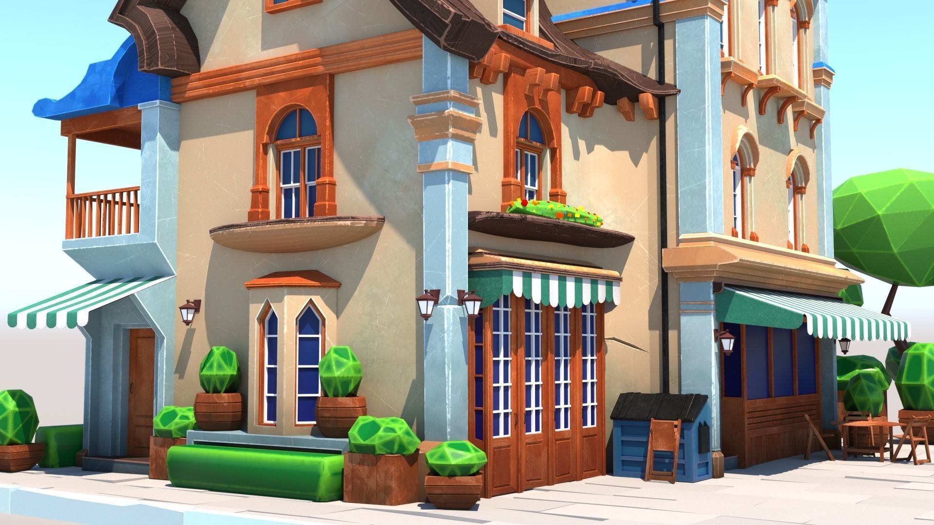 Stylized Beautiful Street Town House-02  wiht PBR Textures Low-poly 3D model_9