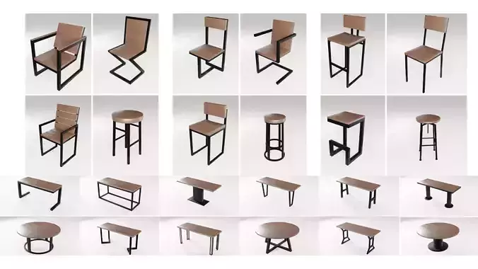 Table chair loft dining design modern wooden metal 3D Model Collection