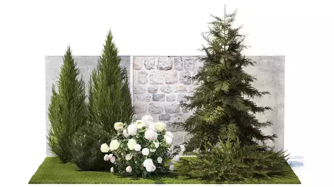 Garden with thuja cypress pine and Hydrangea white bushes 1379 3D model