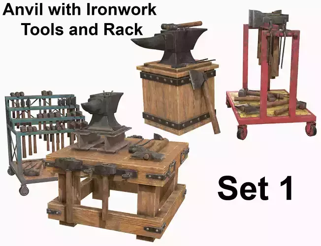 Anvil with Ironwork Tools and Rack Set 1 3D Model Collection