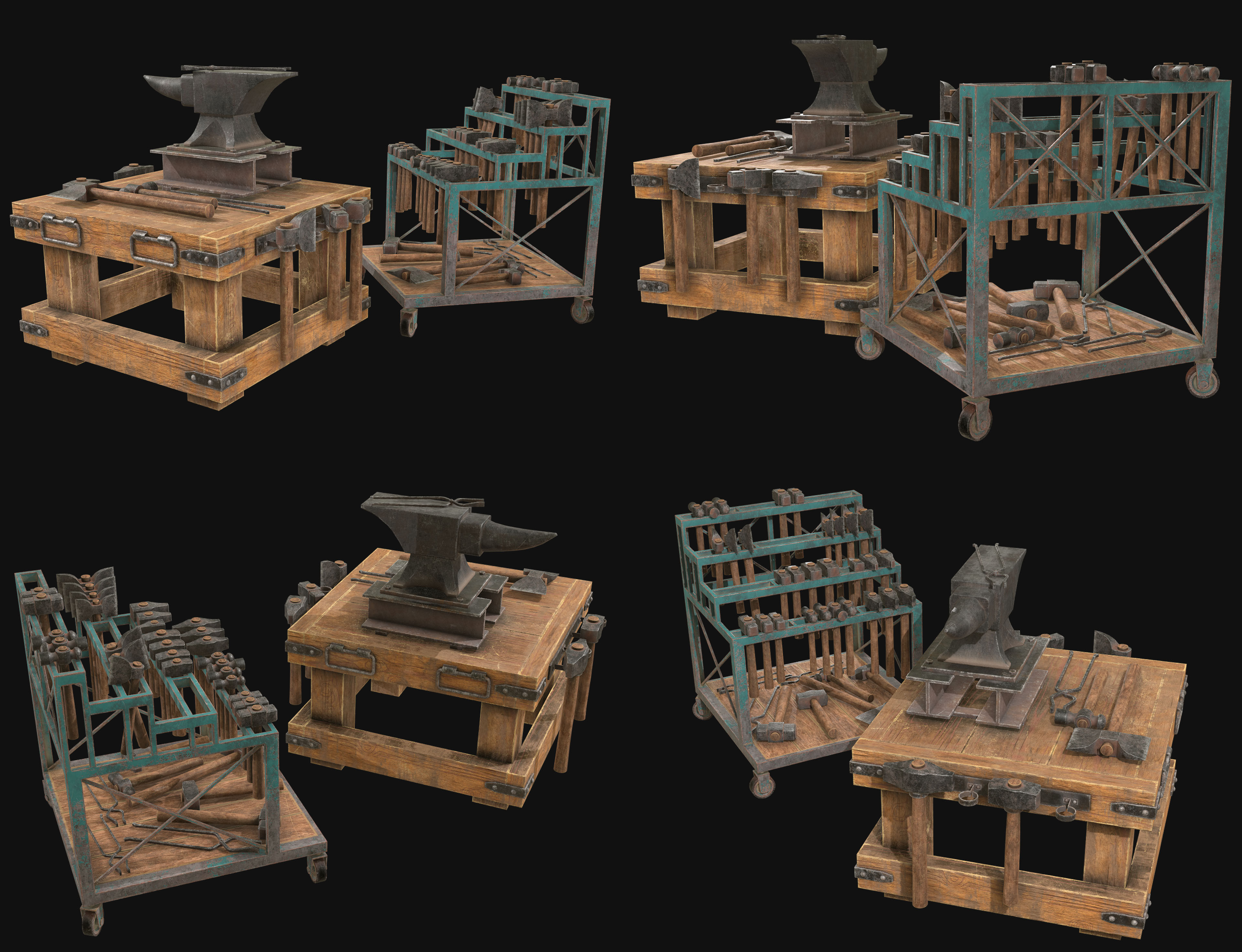 Anvil with Ironwork Tools and Rack Set 1 3D Model Collection_7