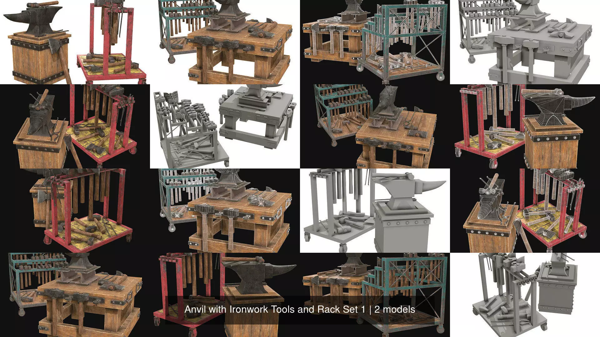 Anvil with Ironwork Tools and Rack Set 1 3D Model Collection_1