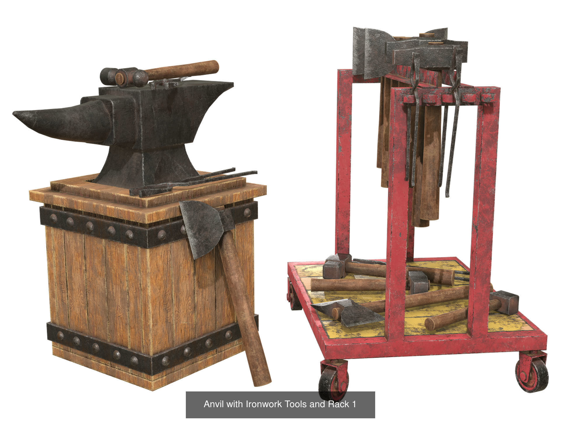 Anvil with Ironwork Tools and Rack Set 1 3D Model Collection_2