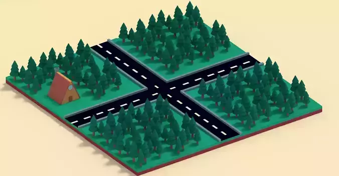 3d lowpoly forest with road and a small house