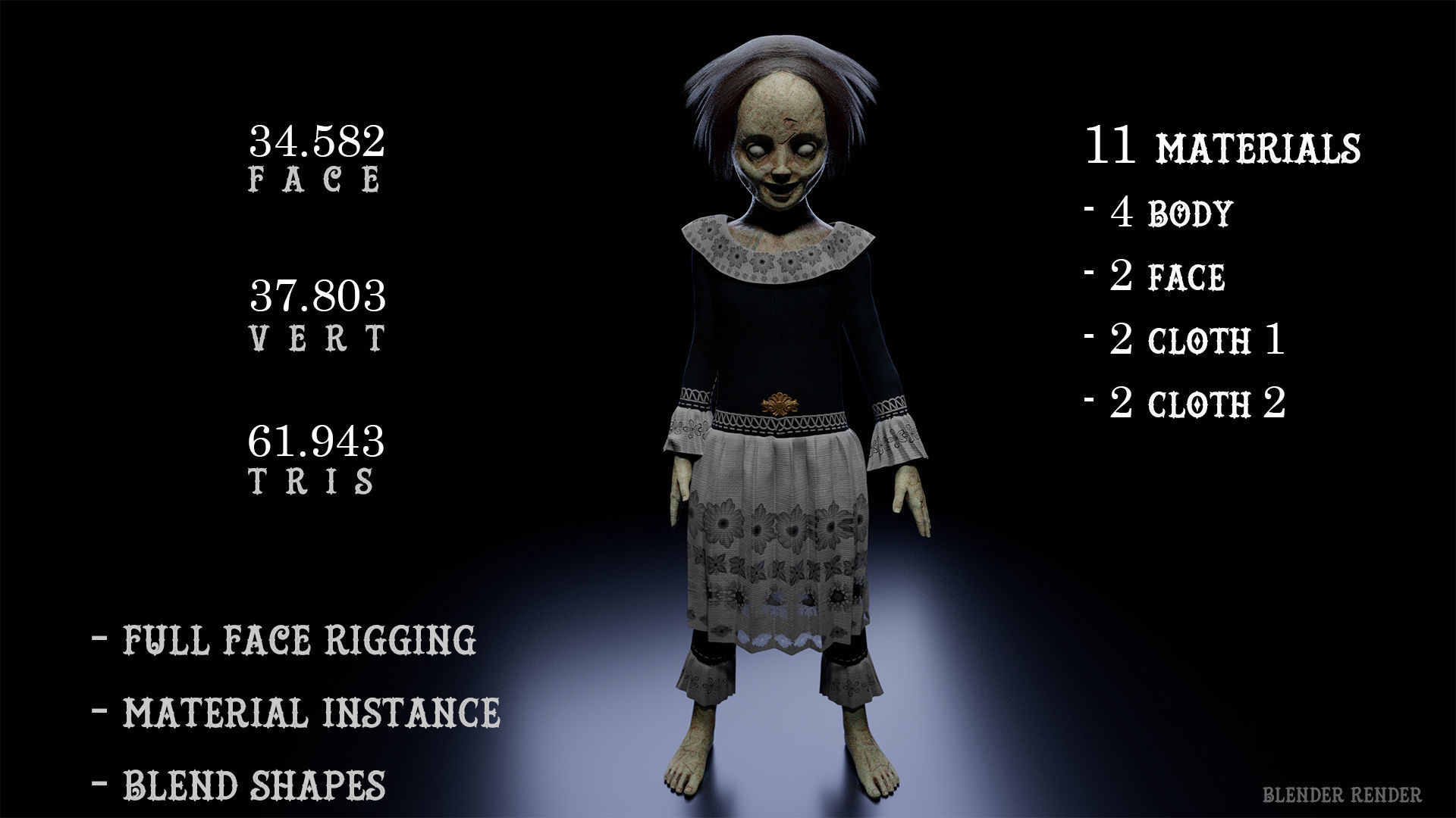 3D model Damn doll game character for Horror games VR / AR / lowpoly