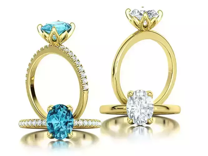 Zoe Solitaire Rings 9x7 Oval stone TWO RINGS 3D print model