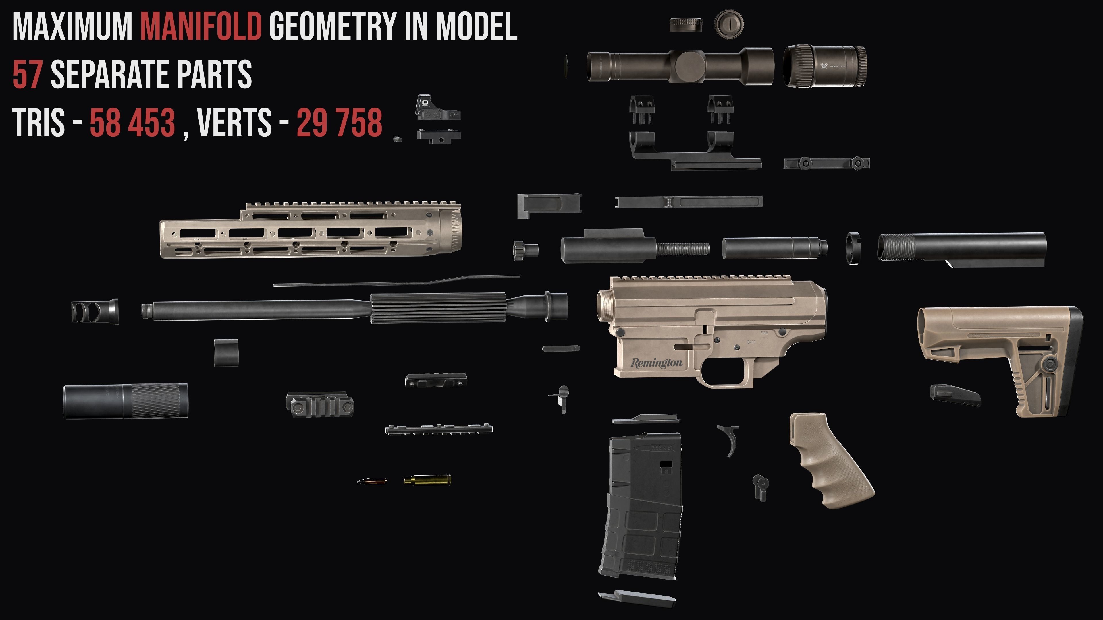 Tactical modular sniper rifle Remington R11 RSASS Low-poly 3D model_4