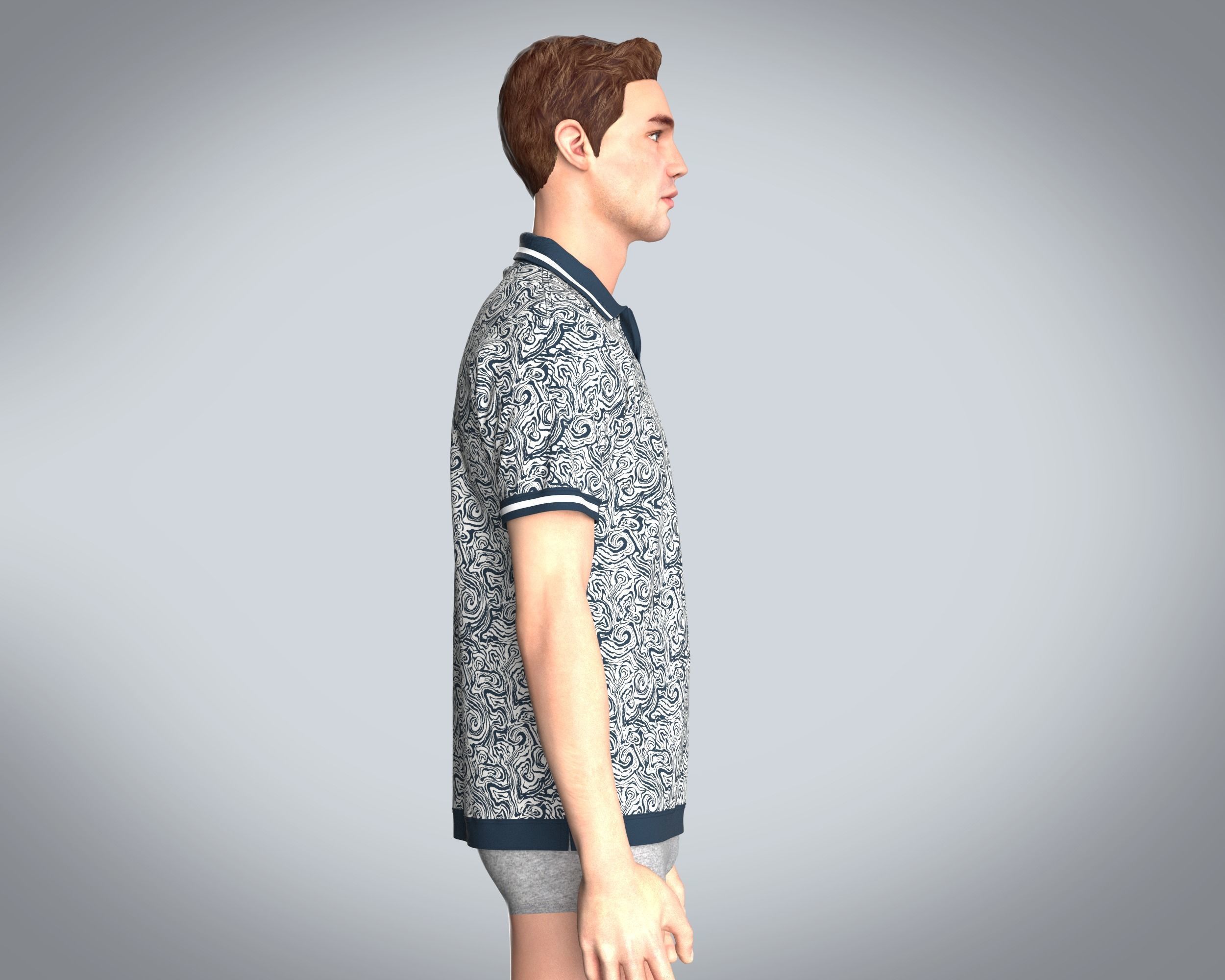 Mens Open Collar Printed Polo 3D model_7