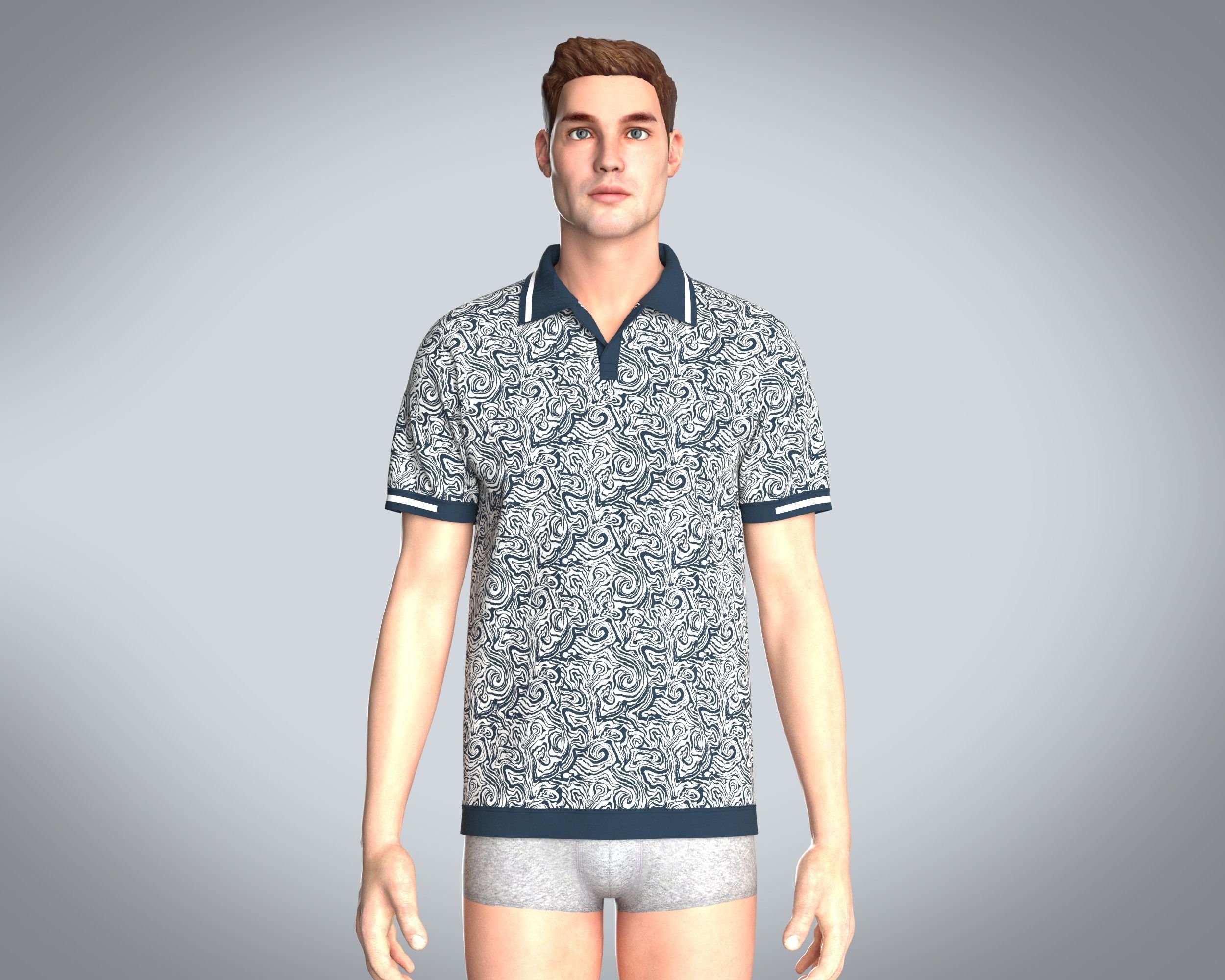 Mens Open Collar Printed Polo 3D model_6