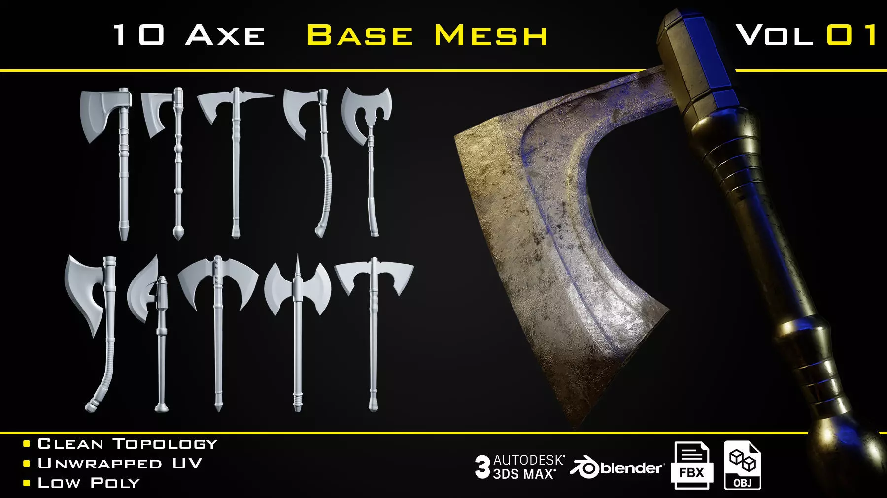 10 Axe BASE MESH - VOL 01 -Game Ready- Low-poly 3D model