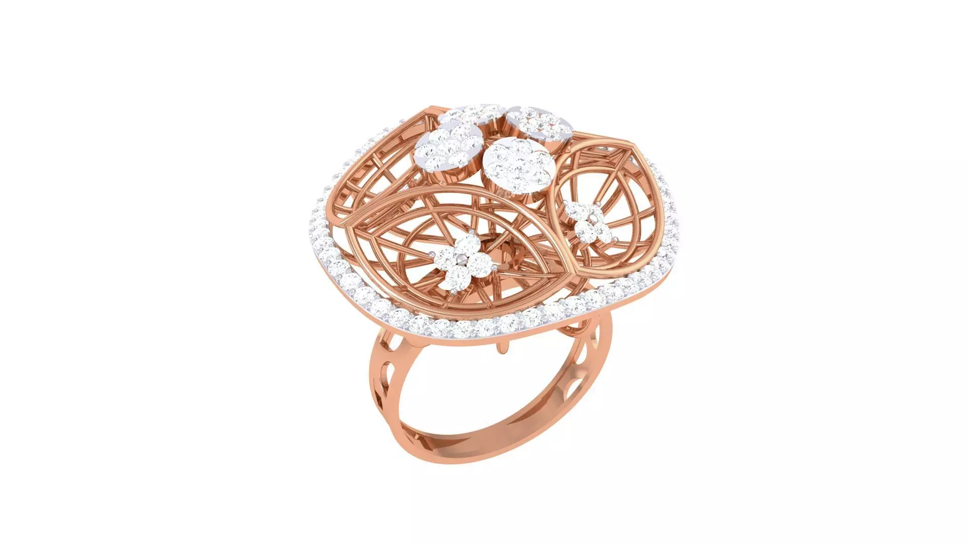 High Jewelry Flower Mesh Diamond Cocktail Ring 3dm stl obj 3D print model_0