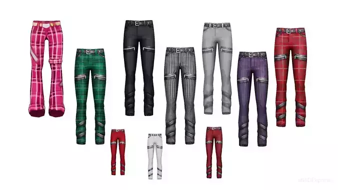 Stylized 3D Rigged Punk Pants Anime Collection Low-poly 3D model