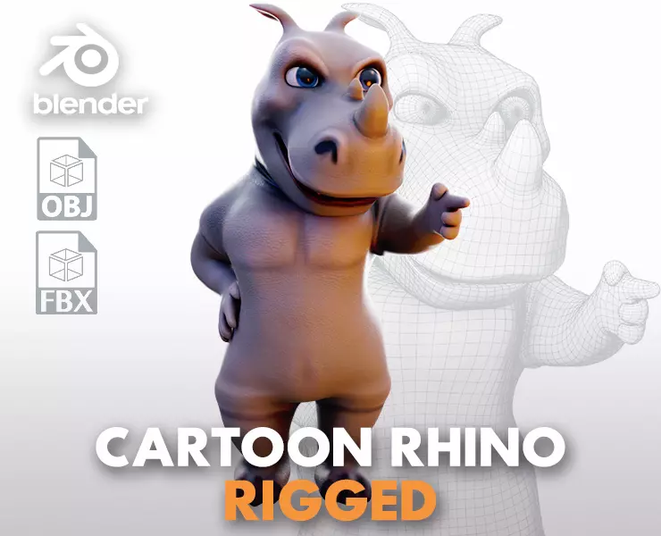 Rhino - rigged cartoon character for blender Low-poly 3D model_0