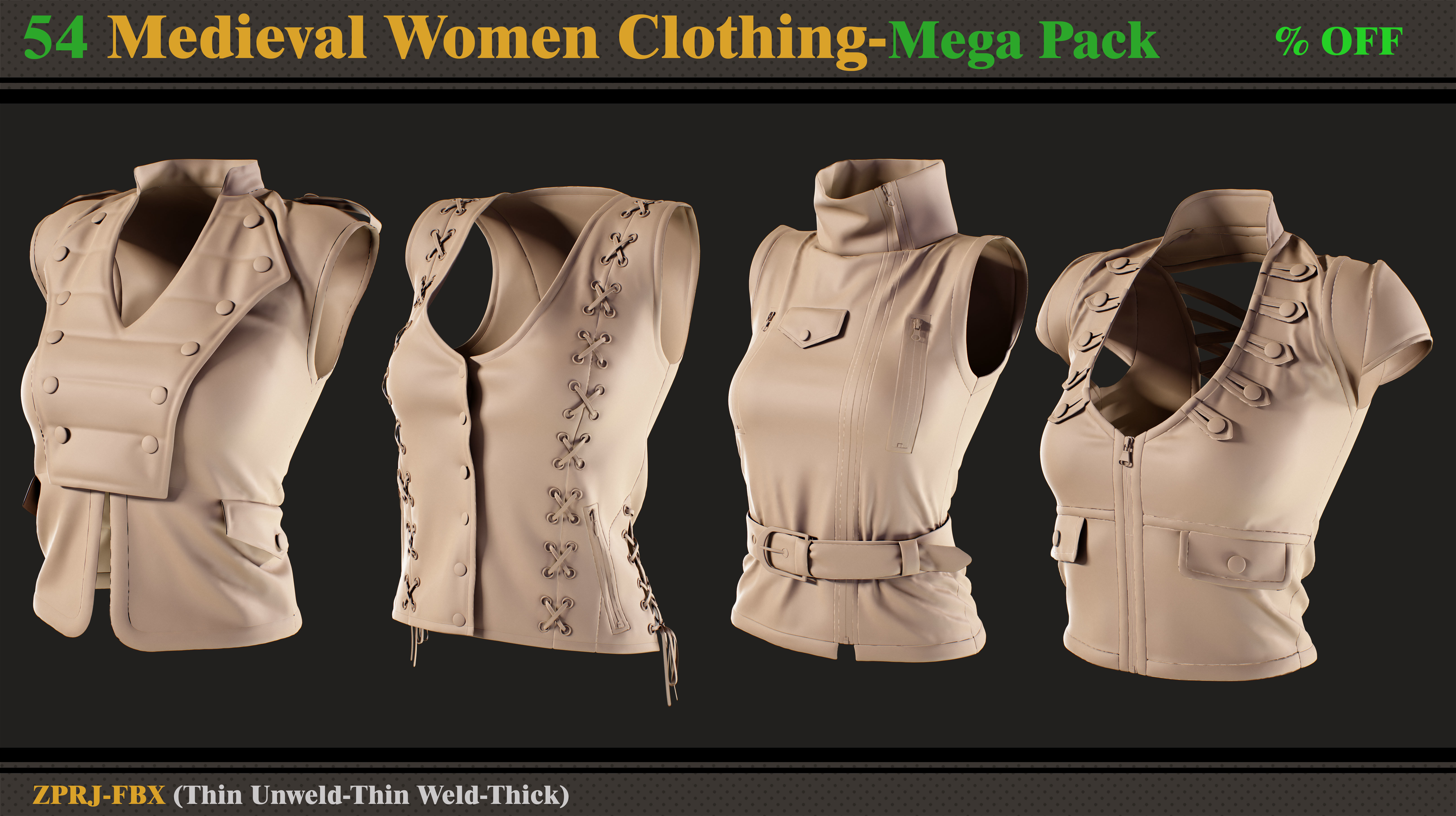 54 Medieval Women Clothing-MEGA PACK-zprj-fbx 3D model_7
