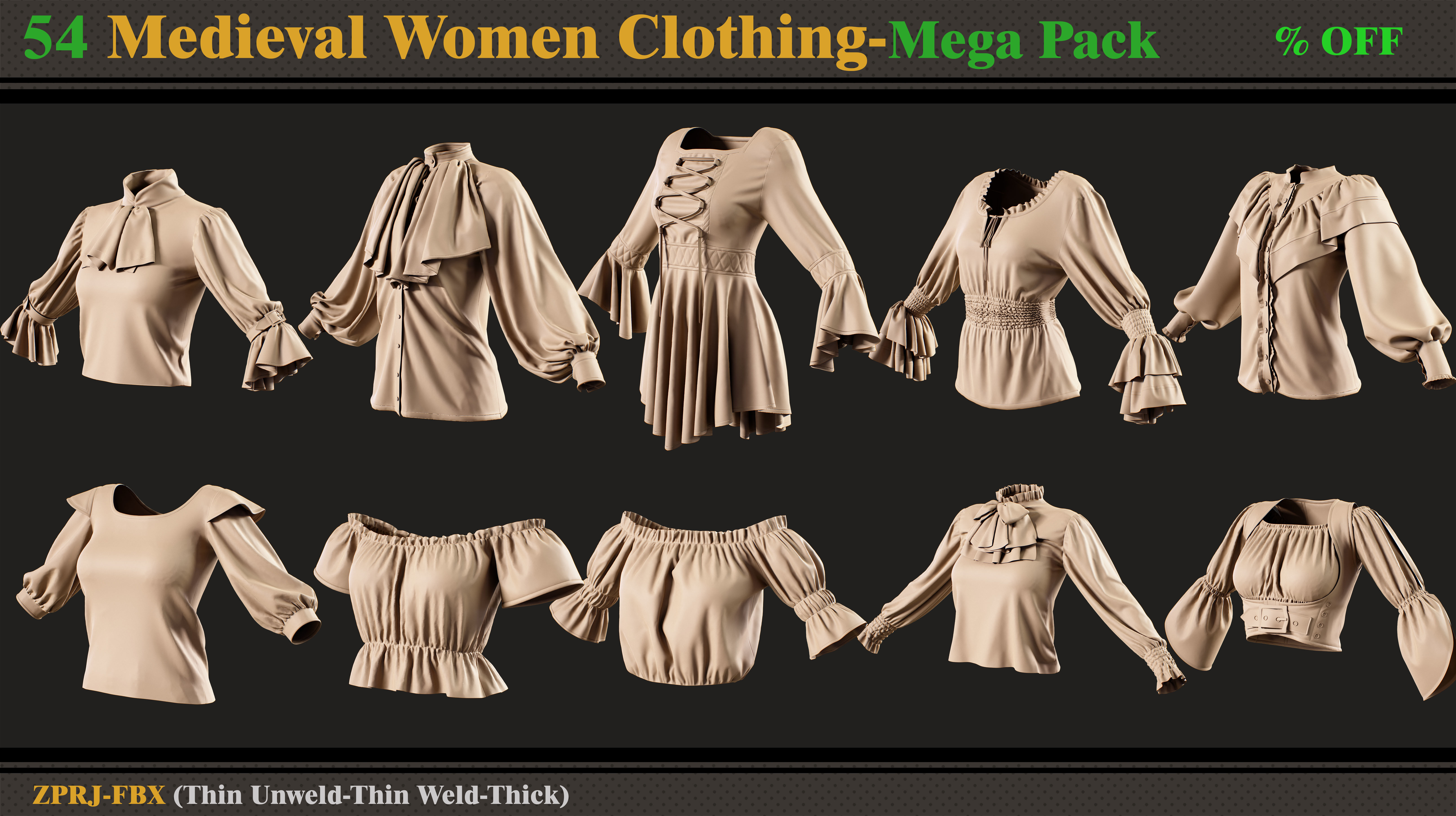 54 Medieval Women Clothing-MEGA PACK-zprj-fbx 3D model_2