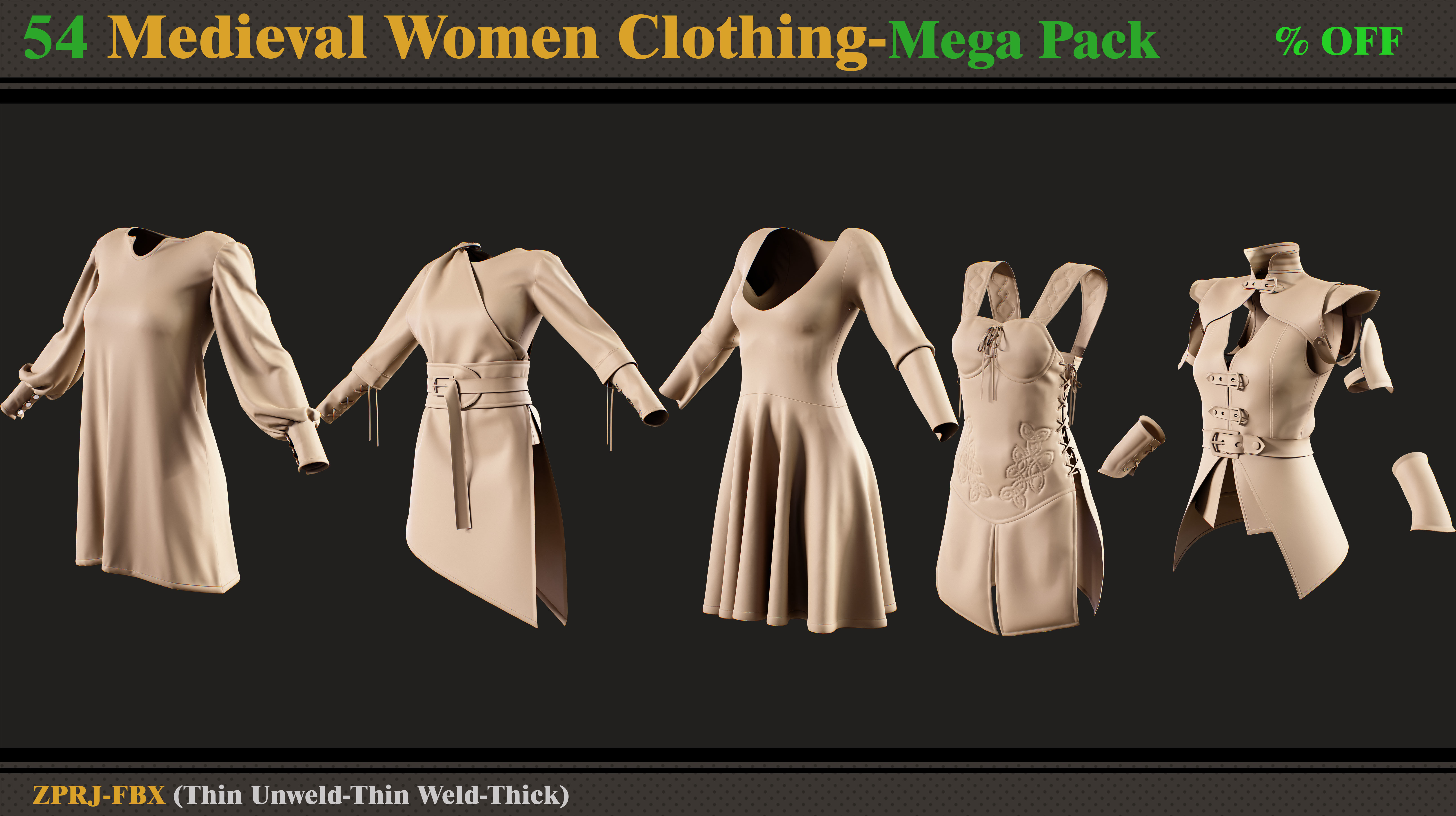 54 Medieval Women Clothing-MEGA PACK-zprj-fbx 3D model_3