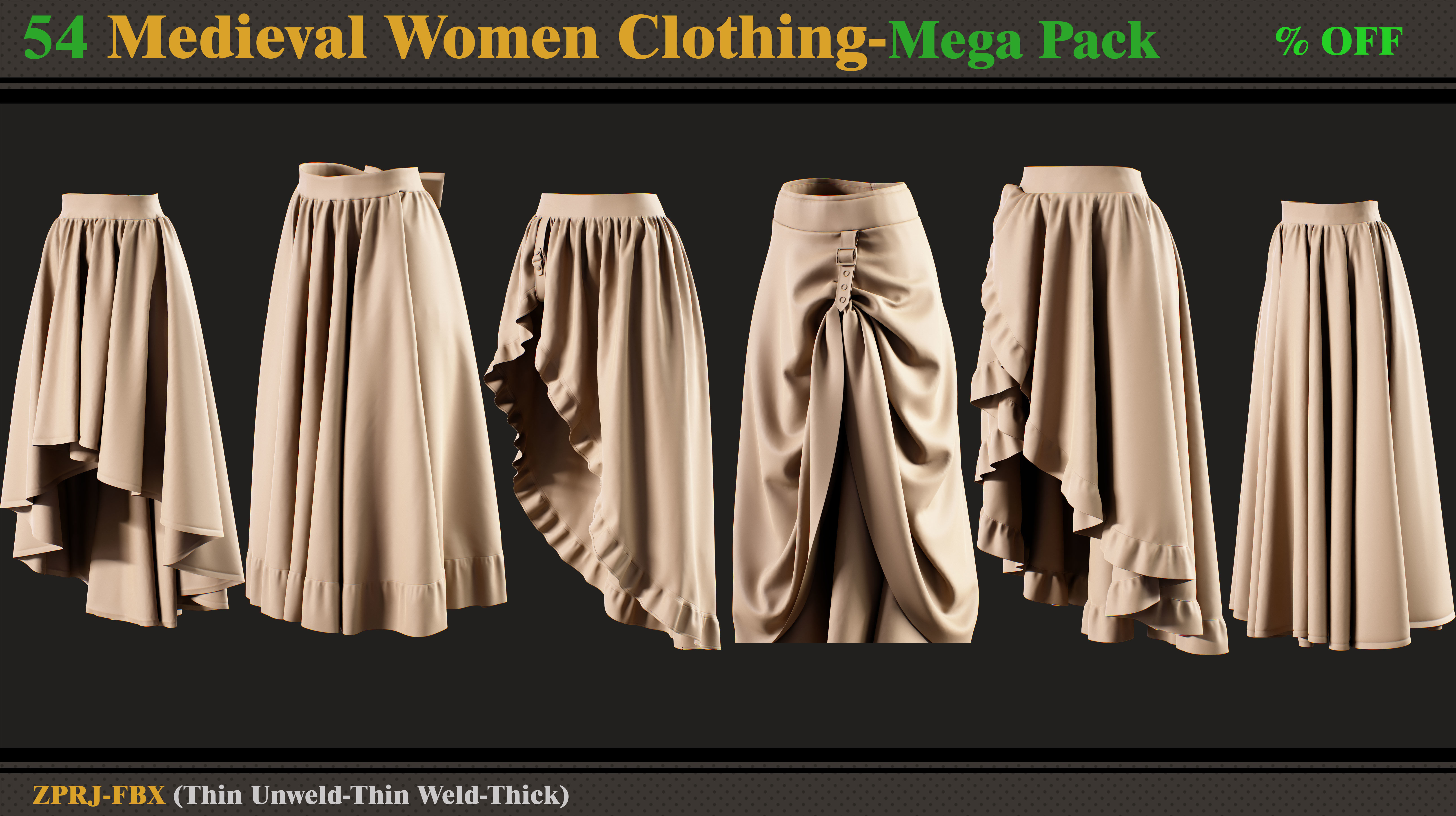 54 Medieval Women Clothing-MEGA PACK-zprj-fbx 3D model_9