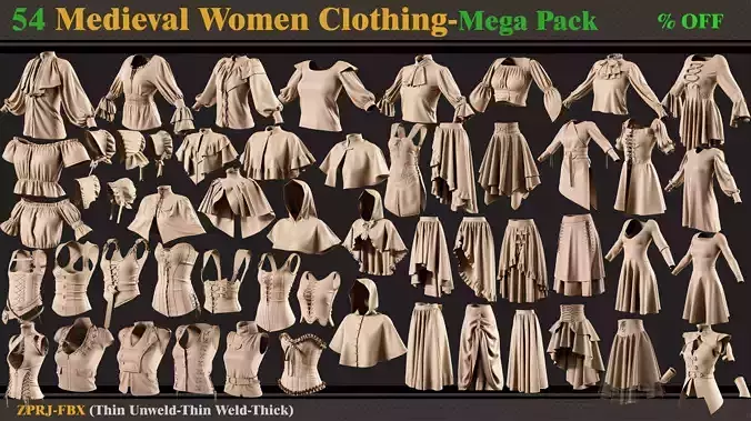 54 Medieval Women Clothing-MEGA PACK-zprj-fbx 3D model
