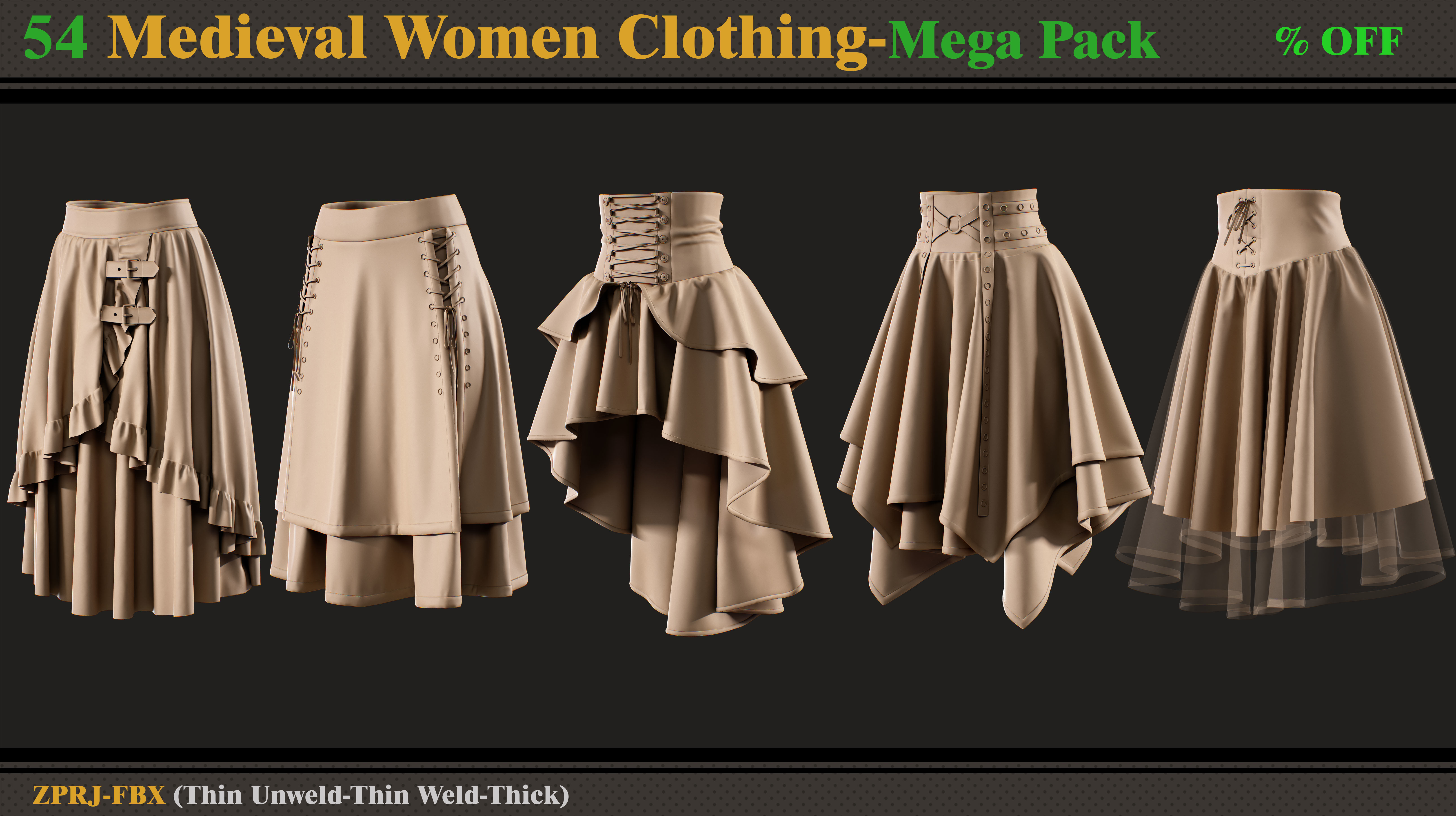54 Medieval Women Clothing-MEGA PACK-zprj-fbx 3D model_1