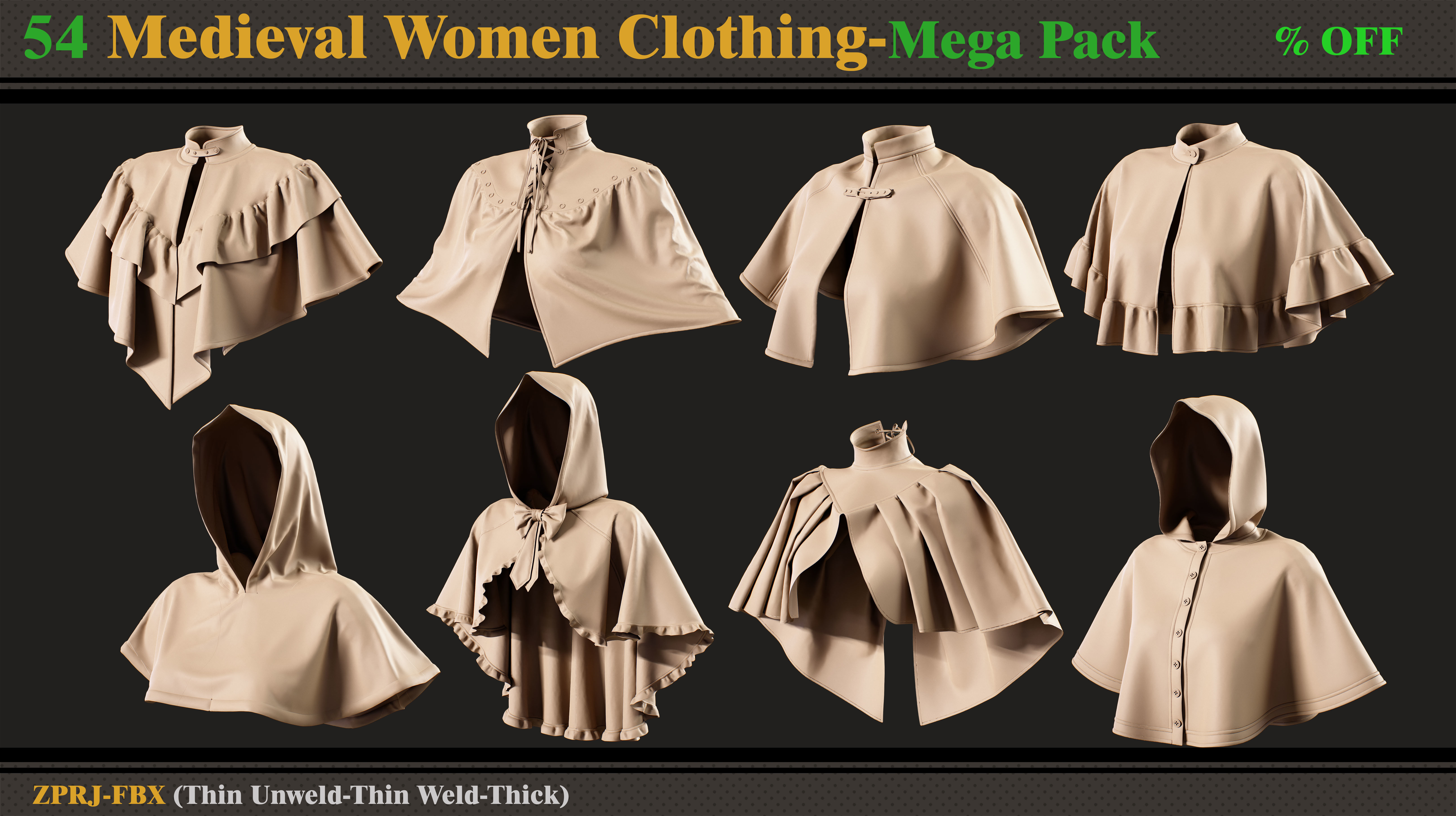54 Medieval Women Clothing-MEGA PACK-zprj-fbx 3D model_4
