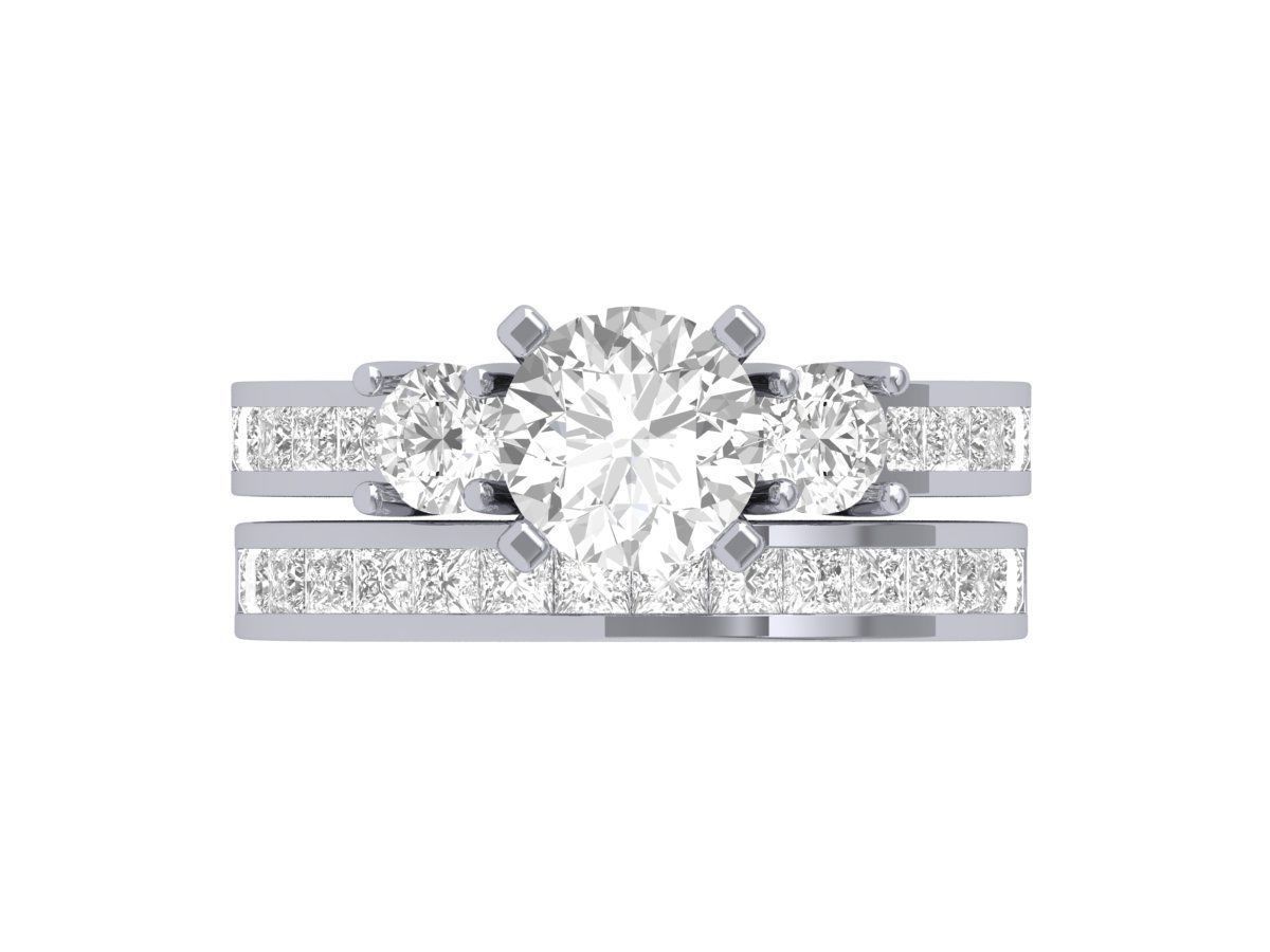 3 Stone Engagement Ring With Princess band Bridal Set 3D print model_3