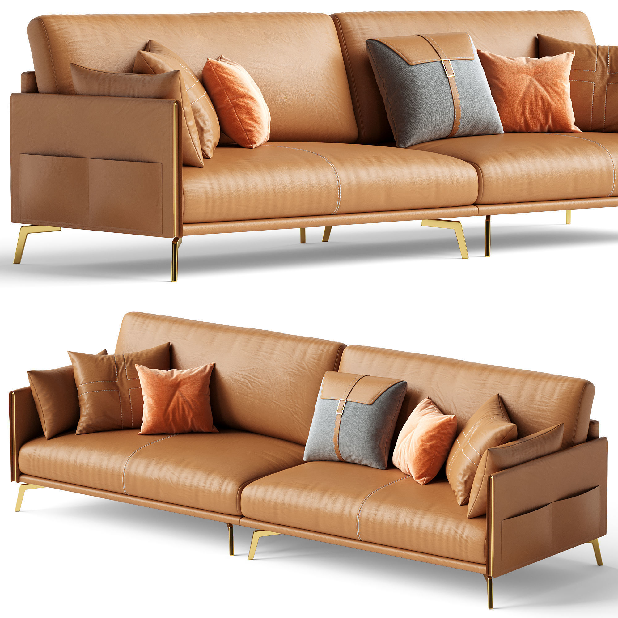 Glamorous Brown Leather Sofa 280 cm 3D model_1