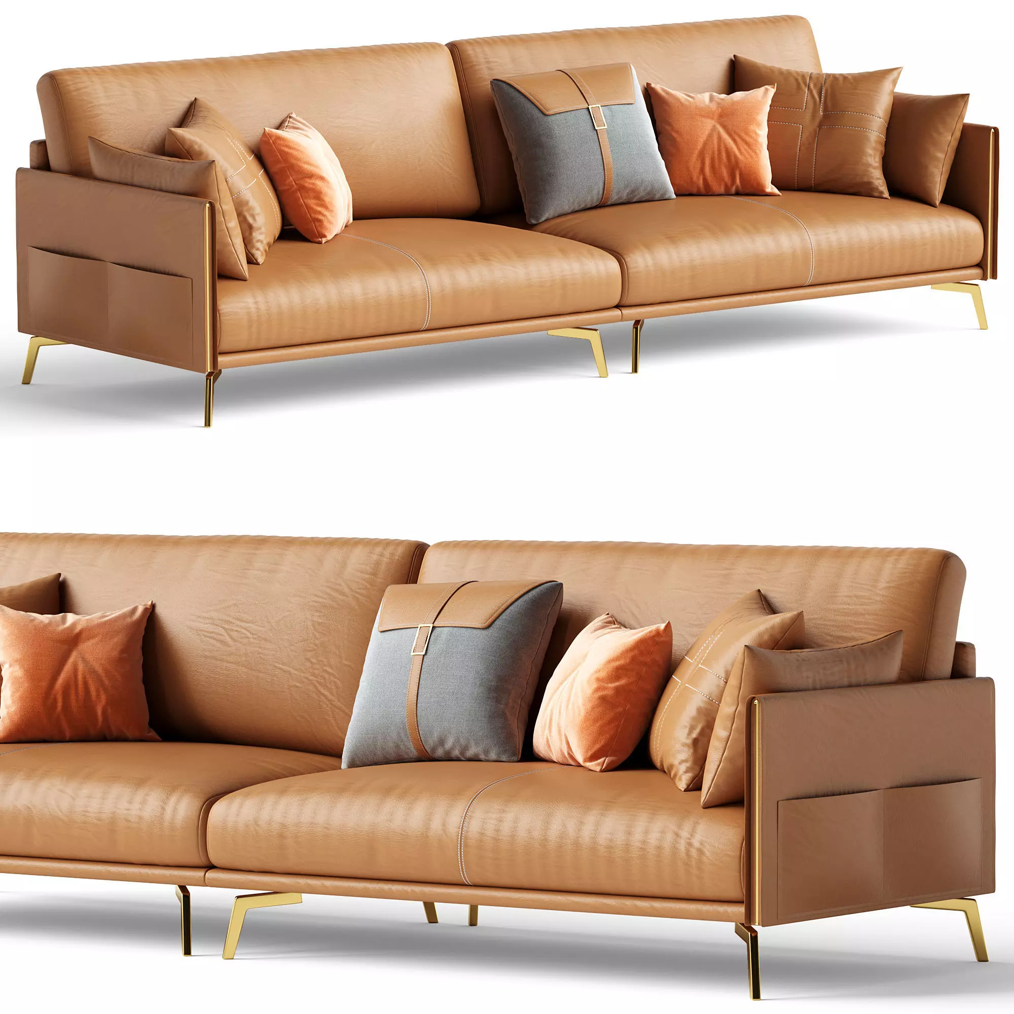 Glamorous Brown Leather Sofa 280 cm 3D model_0