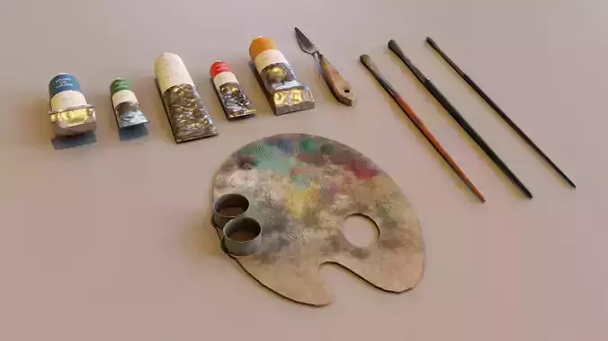 Art supplies with palette for painting with oil paints Low-poly 3D model