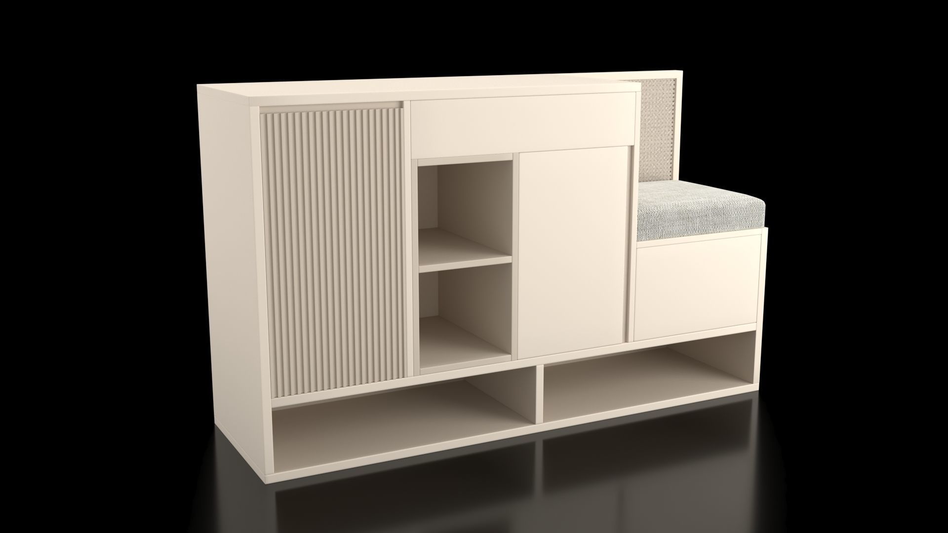 Rattan Trim Entry Way Storage Bench 3D model_1