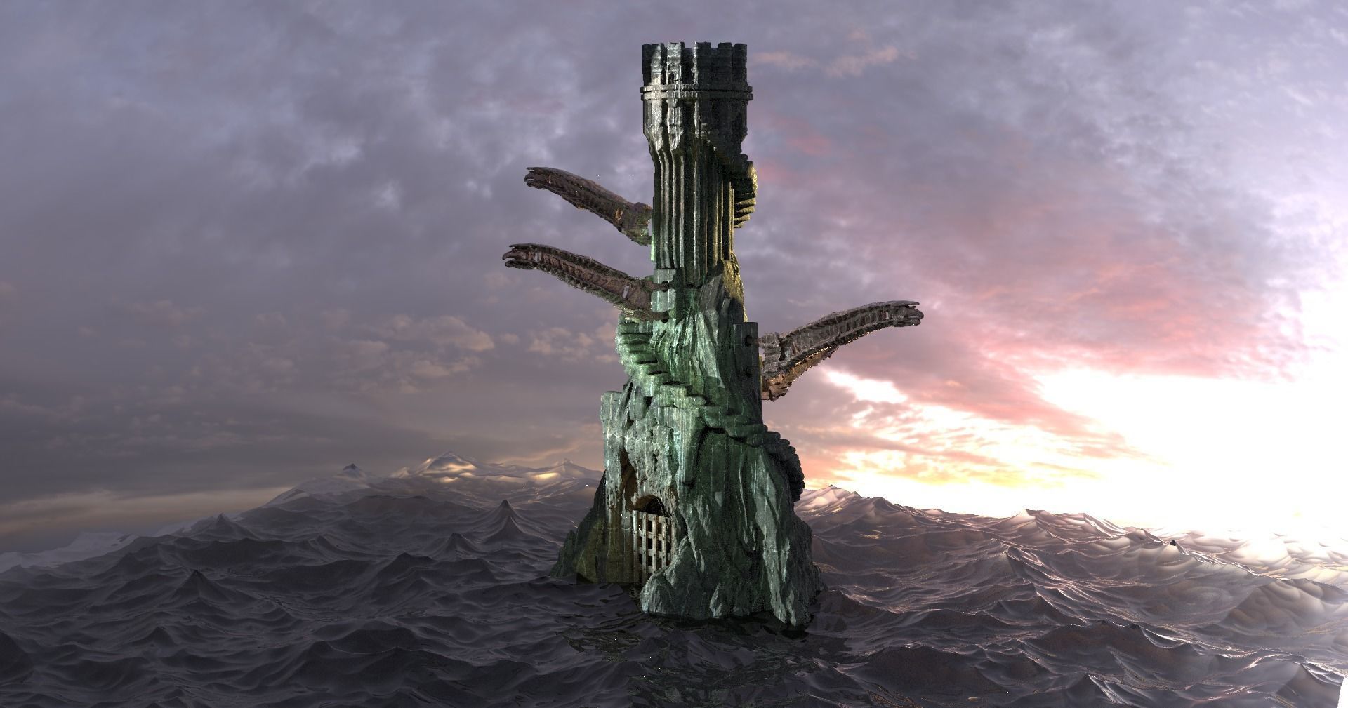 Grey scull Tower with Tower Rods 3D model_4