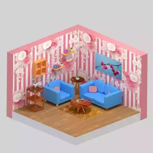 Isometric Cartoony 3D Living Room - 3D Model