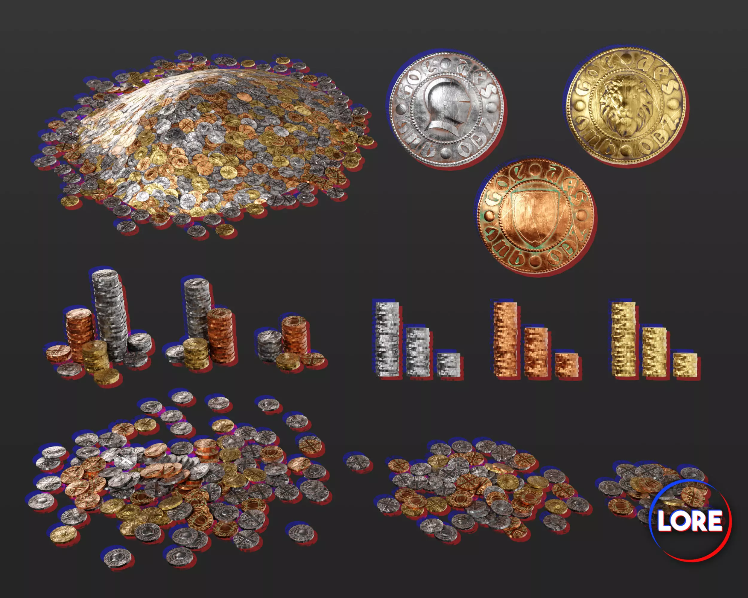 Medieval Treasure Coins Set Low-poly 3D model_0