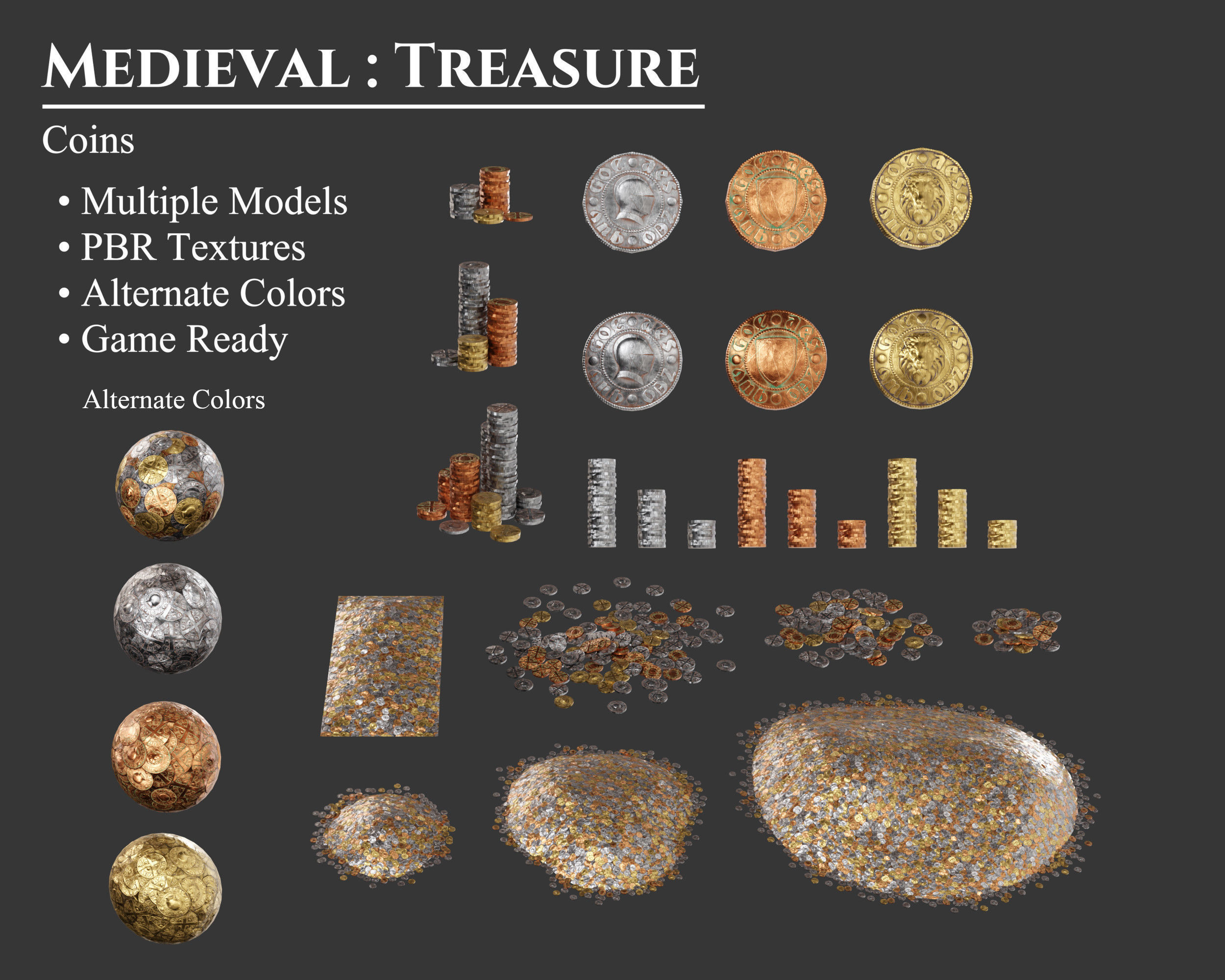 Medieval Treasure Coins Set Low-poly 3D model_1