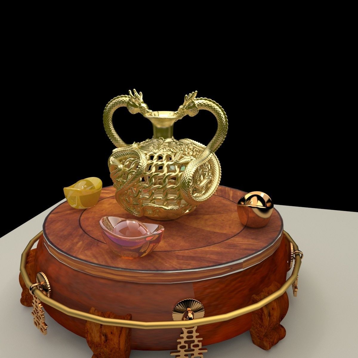 Chinese golden dragon vase 3D model_5