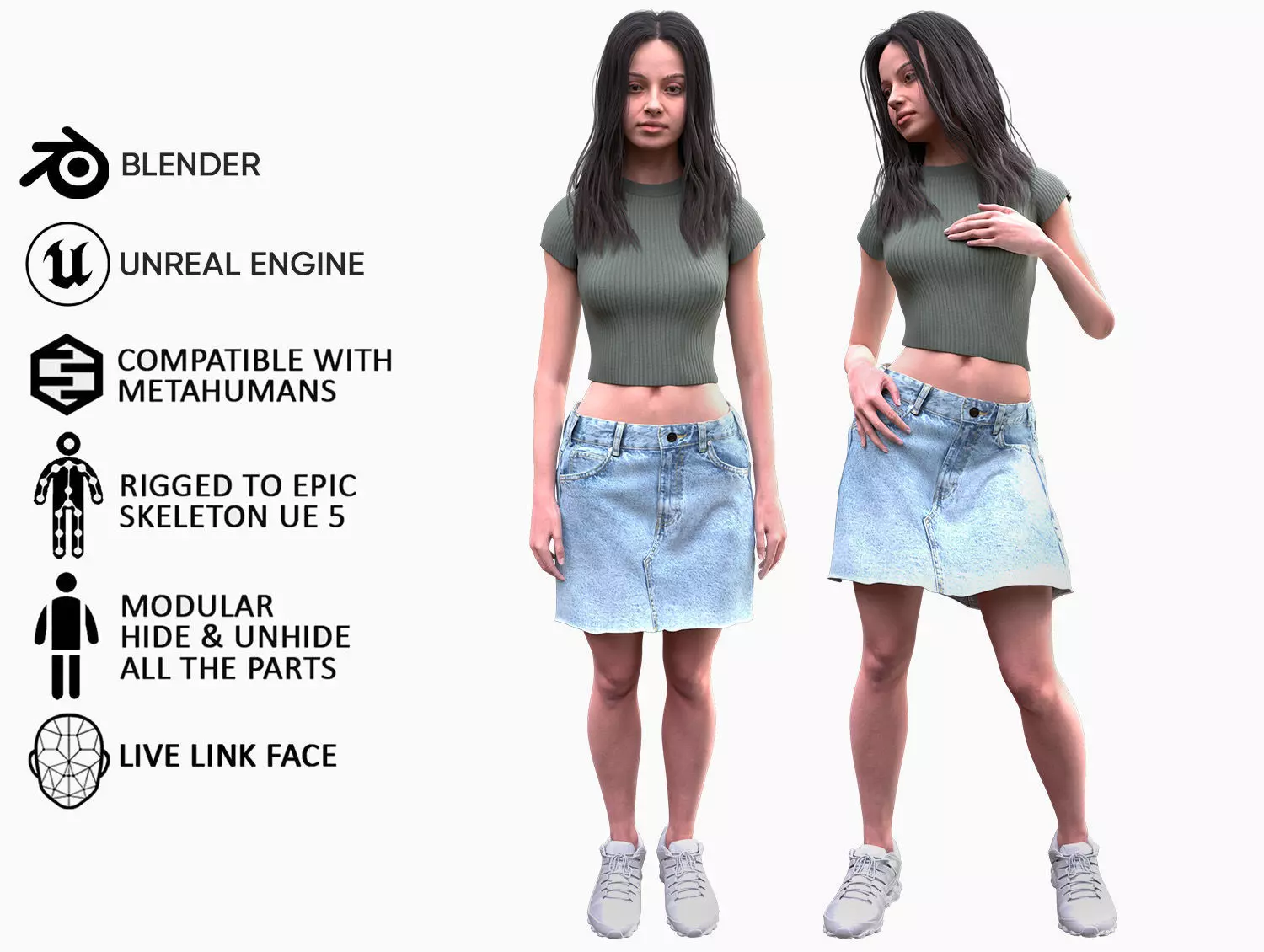 Woman - Summer Outfit 1 - Modular - Rigged Low-poly 3D model_0