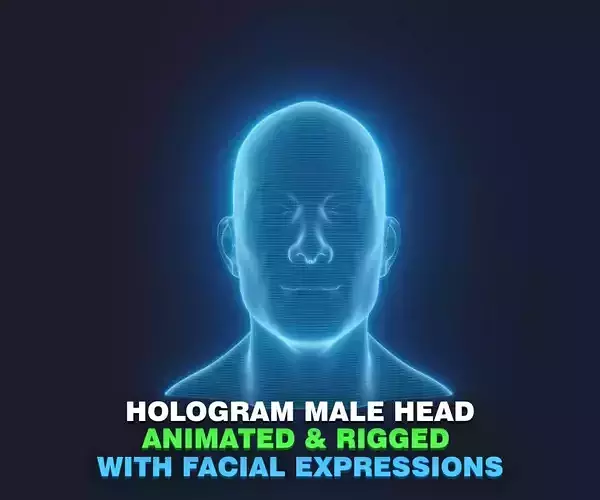 Hologram Male Head 3D Model Animated with Facial Expressions Low-poly 3D model