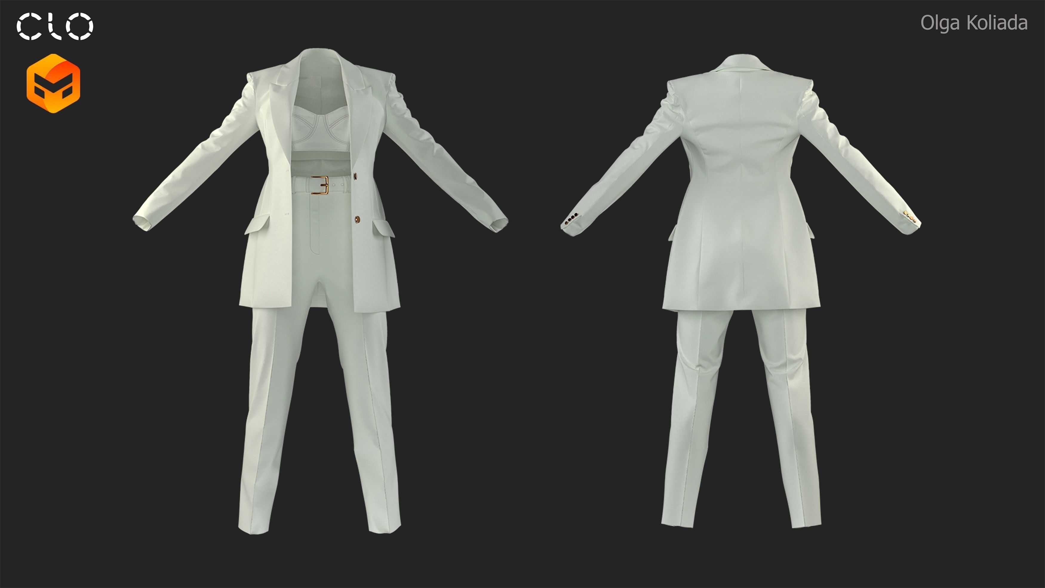 Womens trouser suit Marvelous Designer project and OBJ 3D model_3