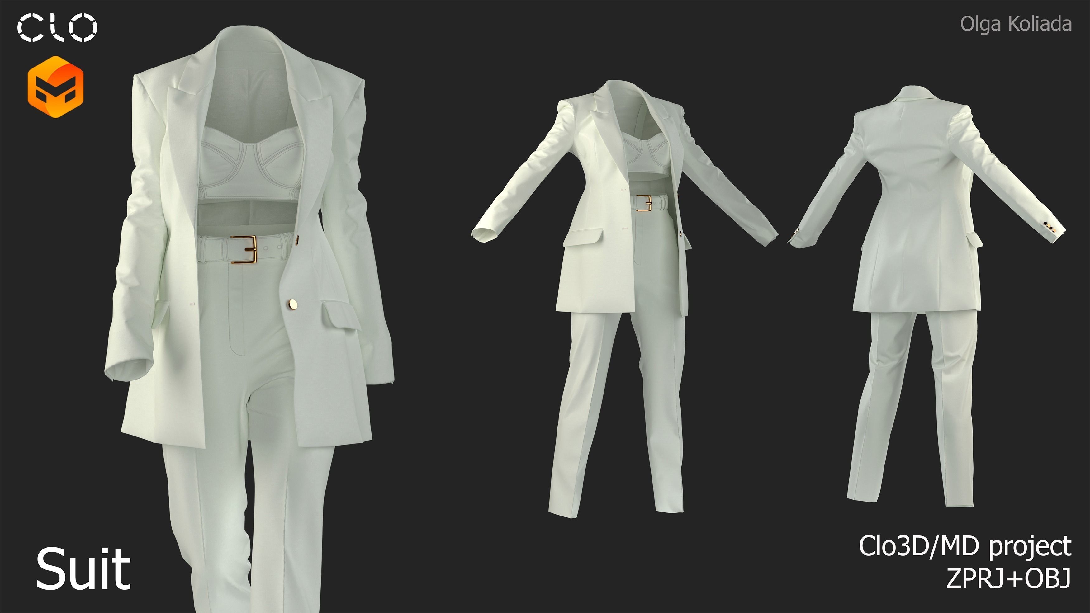 Womens trouser suit Marvelous Designer project and OBJ 3D model_1