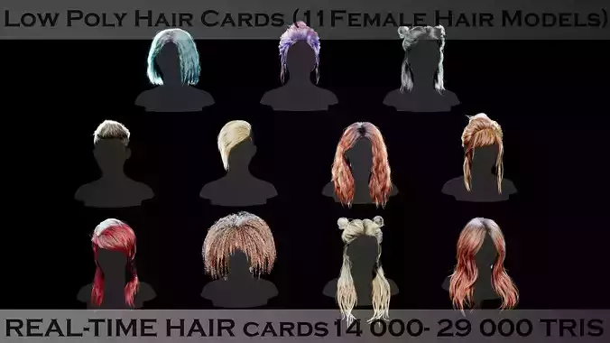 Realistic Hairstyle Pack 11 pieces RealTime Low Poly Cards Low-poly 3D model