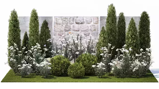 Garden with thuja cypress pine and Nerium oleander plant 1382 3D model
